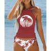 Women's Halter Blue Coconut Tree Print Bikini Tankini Swimsuit
