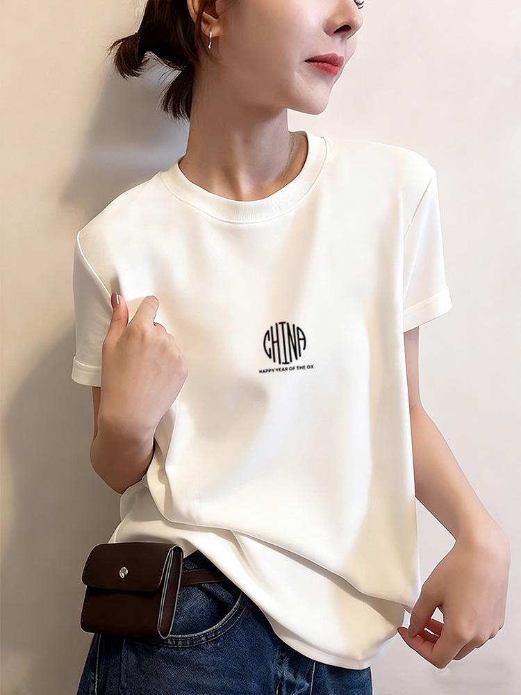 Damen T-Shirt im koreanischen Stil, reine Baumwolle, gebürstet, kurzärmlig - Modisches vielseitiges Oberteil für Frühling, Sommer, Herbst 2026