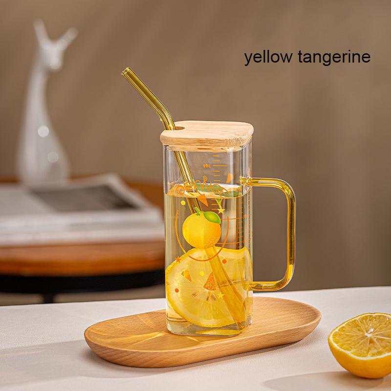 350ml Glas-Trinkbecher mit Skala Klarer Tumbler mit Deckel und Strohhalm Eiskaffee Henkeltasse Trinkbecher für Saft Milch Tee