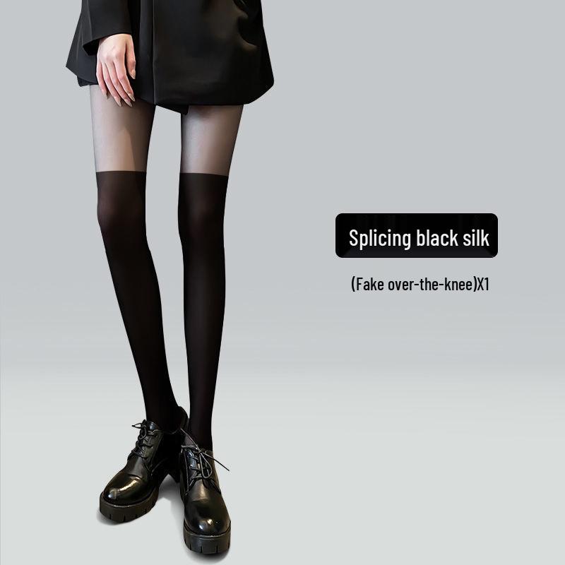 Women's Thin Patchwork Black Silk Calf Socks - Fake Thigh-High Pantyhose for Leg Slimming (Spring, Autumn, Winter)
