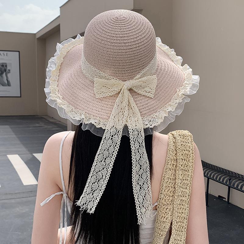 Summer Bow Sun Hat Female, Seaside Beach Vacation Sun Hat Outdoor Big Brim Sun Hat Sweet Straw Hat