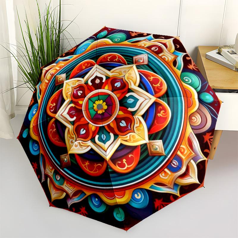 1pc Mandala Artwork Auto-Fold Umbrella with One-Touch Open/Close - 8 Reinforced Ribs for Windproof Stability,  Yy251118132