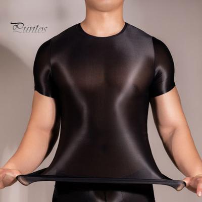 Men T-shirt Thin High Elasticity Round Neck Short Sleeves Slim Fit Good Breathability See-through Glossy Surface Top
