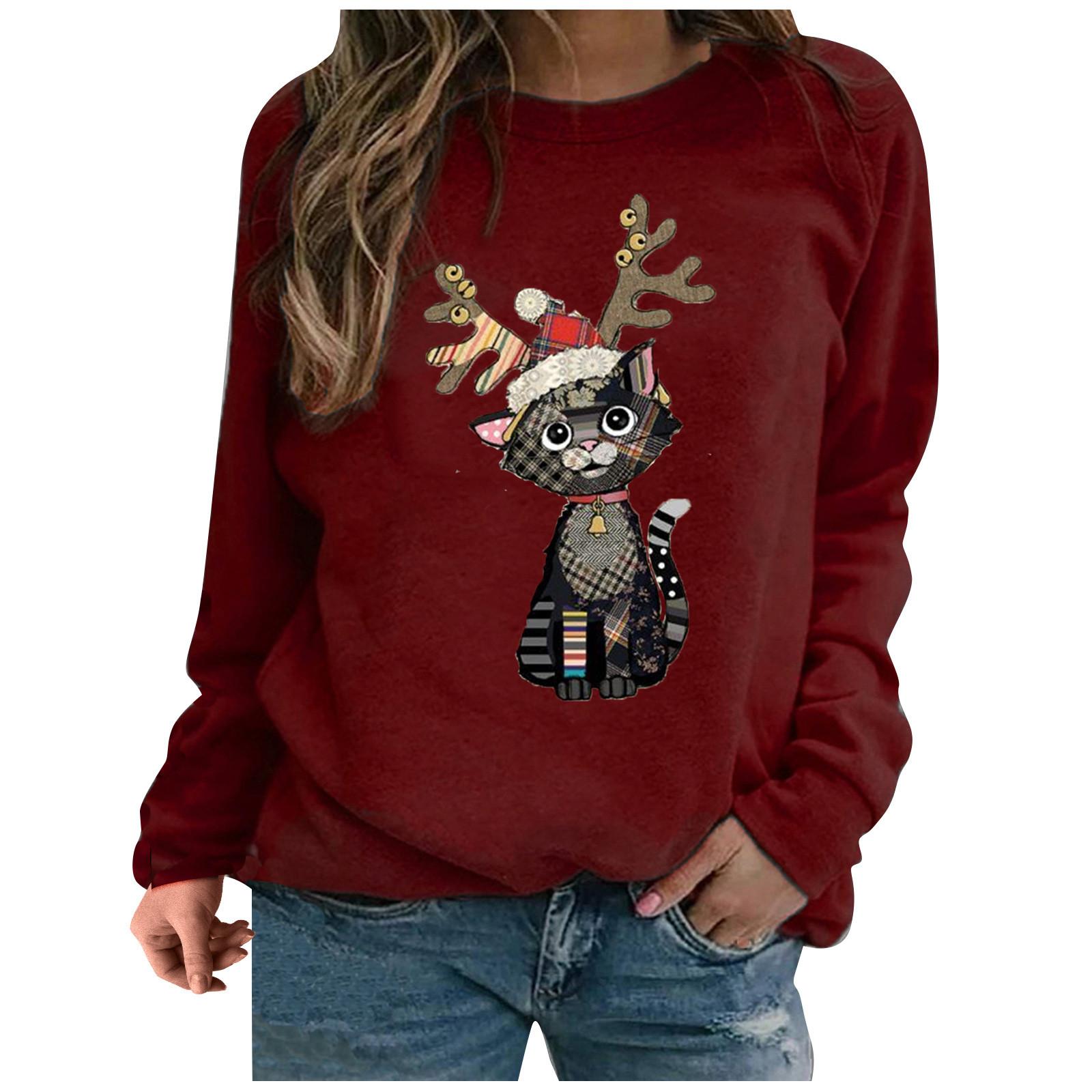 

Женский свитер с принтом кошки, топ с длинным рукавом wЖенская одежда XL винный
