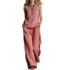 Women's Casual Two Piece Set Sleeveless V Neck Top with Button Detail and Wide Leg Pants with Side Stripe Contrast Trim