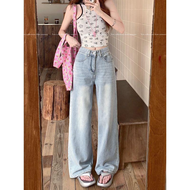 American Small Washed Light Blue Wide Leg Denim Female 2025 Summer High Waist Loose Straight Mopping Pants