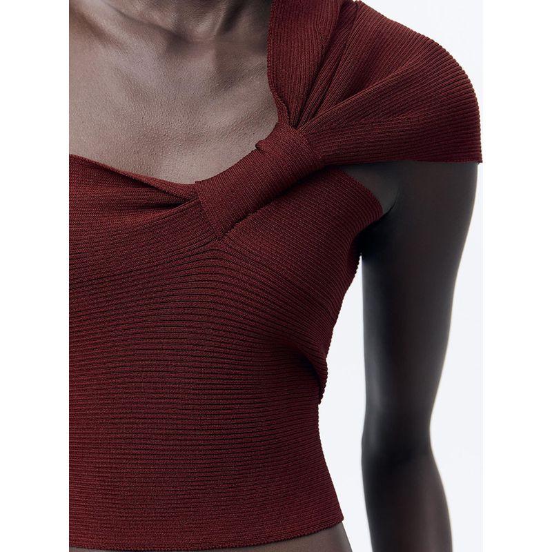 Za2025 Spring New Women's Clothing Elastic Slim Fit Slimming Asymmetric Shoulder Strap Knitting Rib Tops 9598100