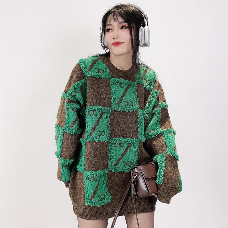 Autumn Winter Women's Checkerboard Oversized Sweater Loose Outer Wear Lazy Style Thickened Casual Knit Top