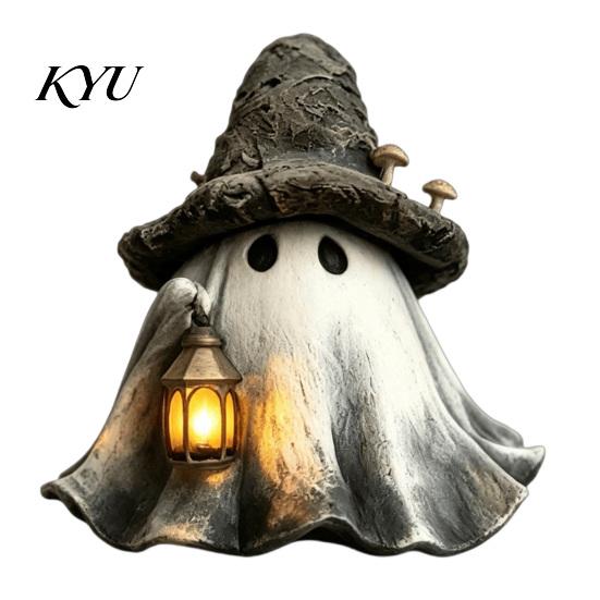 Vintage Fall Display Accessories Halloween Ghost Wizard Hat Resin Figurine with LED Lantern, Witch Atmospheric Party Supplies Holding Lamp Statue,