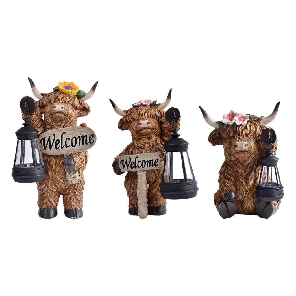 Cow Statue Animal Sculpture with Solar Outdoor Light Modern Ornament Gifts Resin
