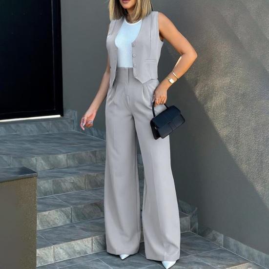 Damen 2-teilige Business-Outfits V-Ausschnitt Knopfleiste Crop Westen-Tops und High-Waist Hosen Set Sommer Büro Arbeitsanzug