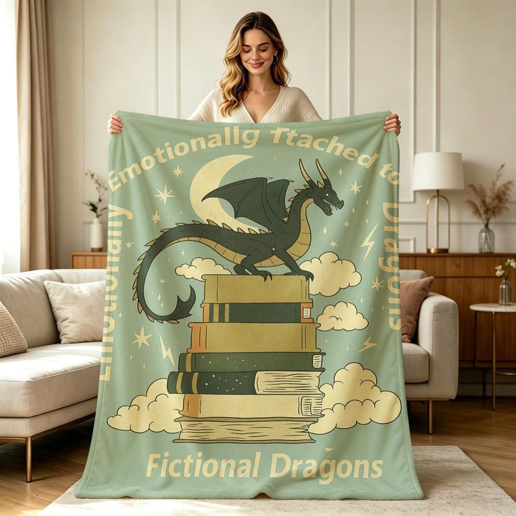 All Season Flannel Fleece Blanket with Dragon And Book Stack Crescent Moon Star Cloud Graphic Print Soft Warm Cozy Lightweight Throw Blanket for Sofa
