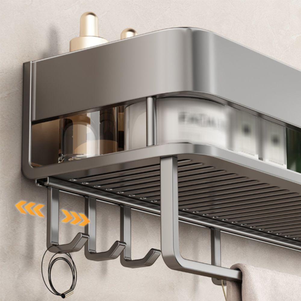 Wall-Mounted Bathroom Storage Rack Punch Free Aluminum Alloy Bathroom Shelf with Hook and Rod Ventilated Bathroom Organizer
