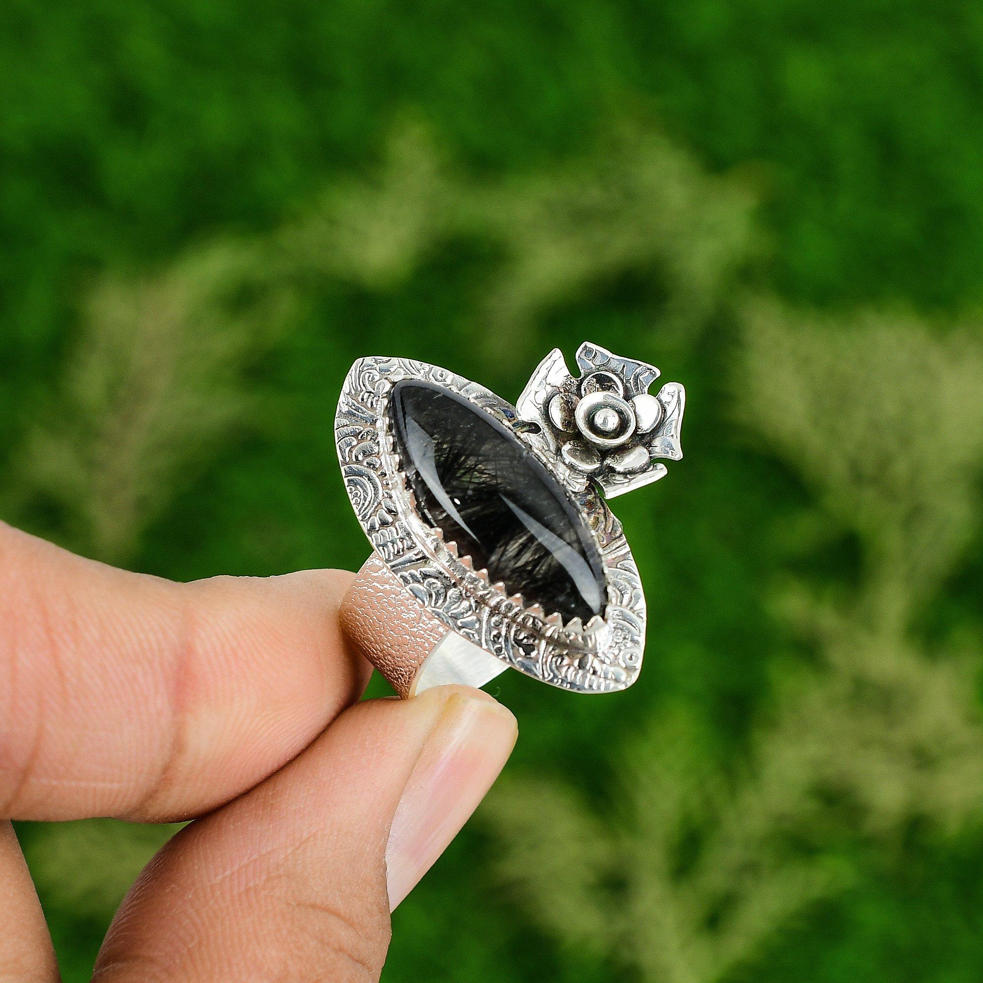 

Natural Black Rutile Gemstone Promise Flower Ring Size 9.25 925 Sterling Silver 9.25