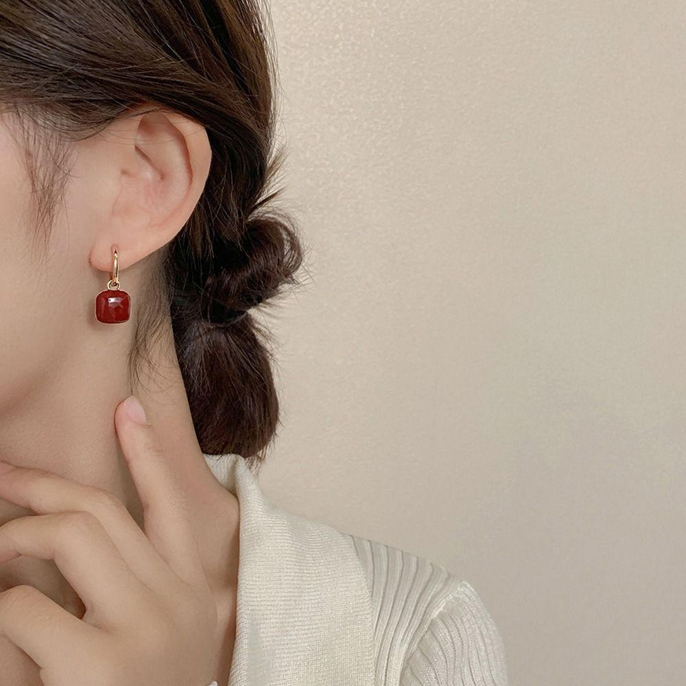 Style French Style Square Ear Buckle Small Huggie Earrings Wine Red Earrings Women Hoop Earrings