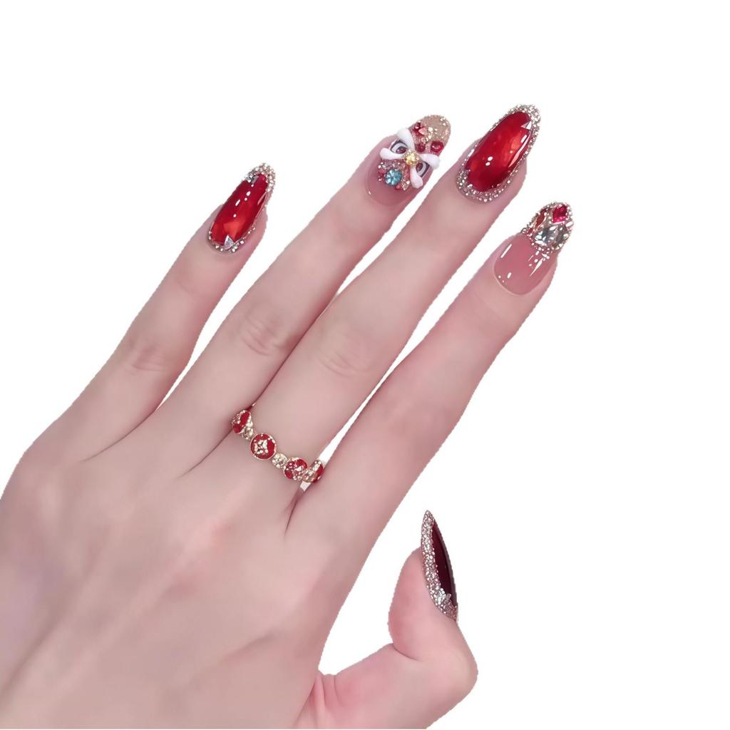 2026 Autumn/Winter Red Cherry Cat Eye Lion Dance Wearable Armor - Elegant Skin-Whitening Handmade Nail Art