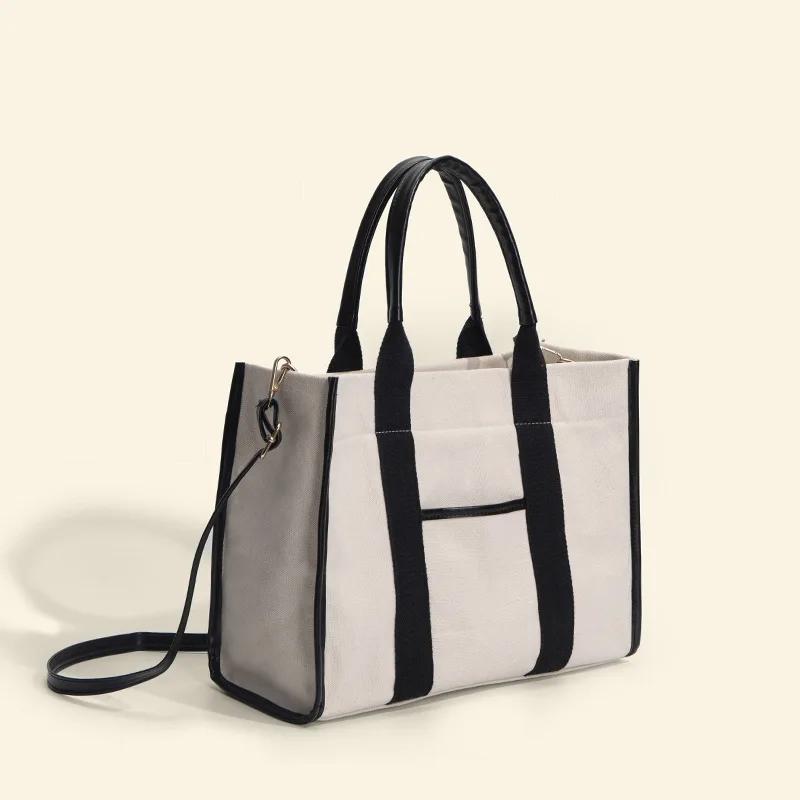 New high-end cotton fabric with large capacity tote bag for women's work and commuting laptop bag, contrasting hand bags