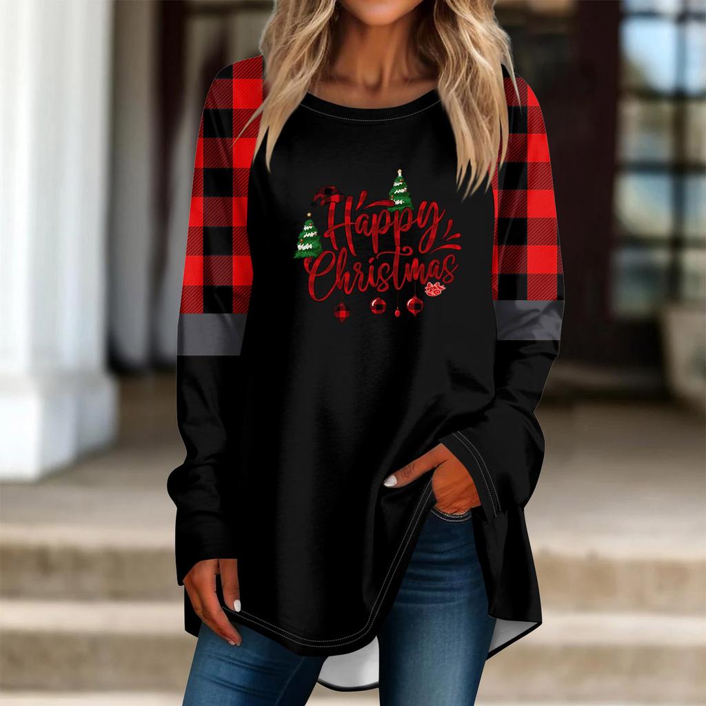 Fashionable Women's Loose Round Neck Christmas Small Print Long-sleeved T-shirt Top Pullover