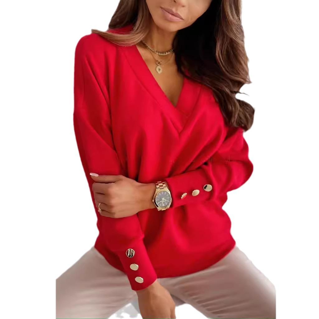2024 Spring & Autumn European & American Loose Solid Color V-neck Long Sleeve Women's T-shirt
