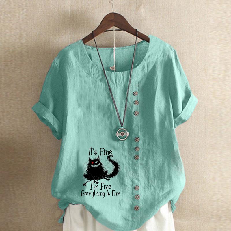 Women's Fashion Black Cat Prined Short Sleeve T-shirt Loose Cotton Shirt Casual Loose Summer Blouse Tops Plus Size