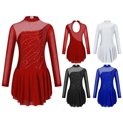 Vestido de Patinaje Artístico para Niñas Manga Larga Cuello Alto Pedrería Brillante Espalda Hueca Patchwork Traje de Danza
