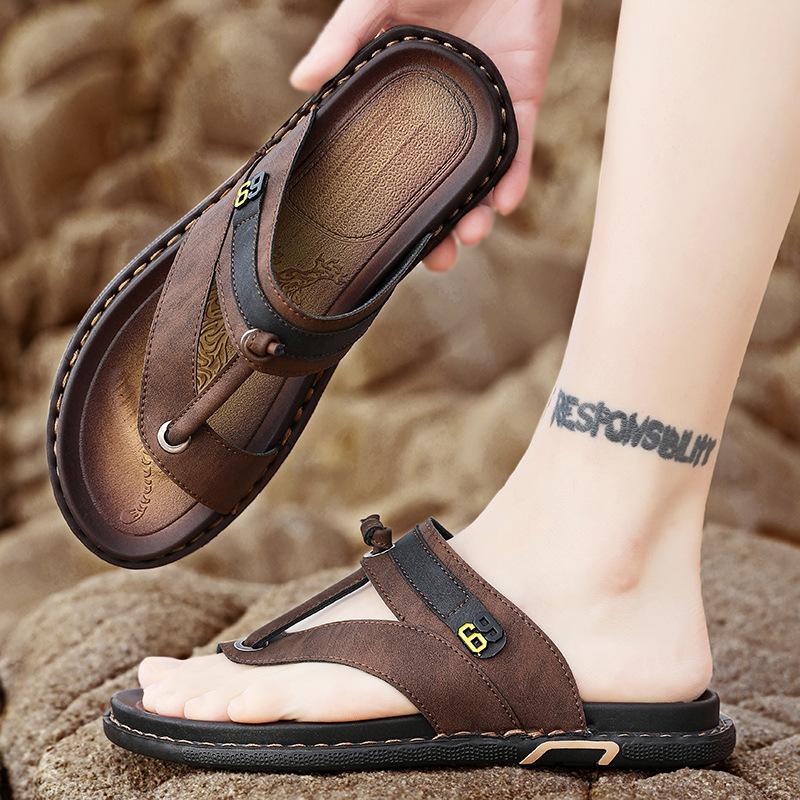 

Модные мужские кожаные шлепанцы Удобные домашние тапочки Дышащая резиновая подошва Для дома и улицы Летние сандалии 45 коричневый