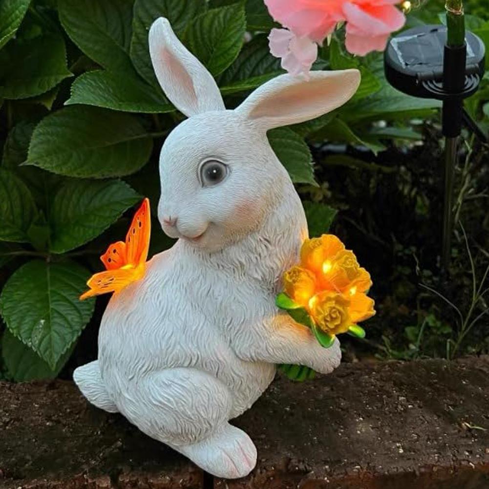 Solar Rabbit Statue Light Cute Bunny Statue Resin Rabbit Figurine Easter Rabbit Sculpture for Patio Yard Lawn