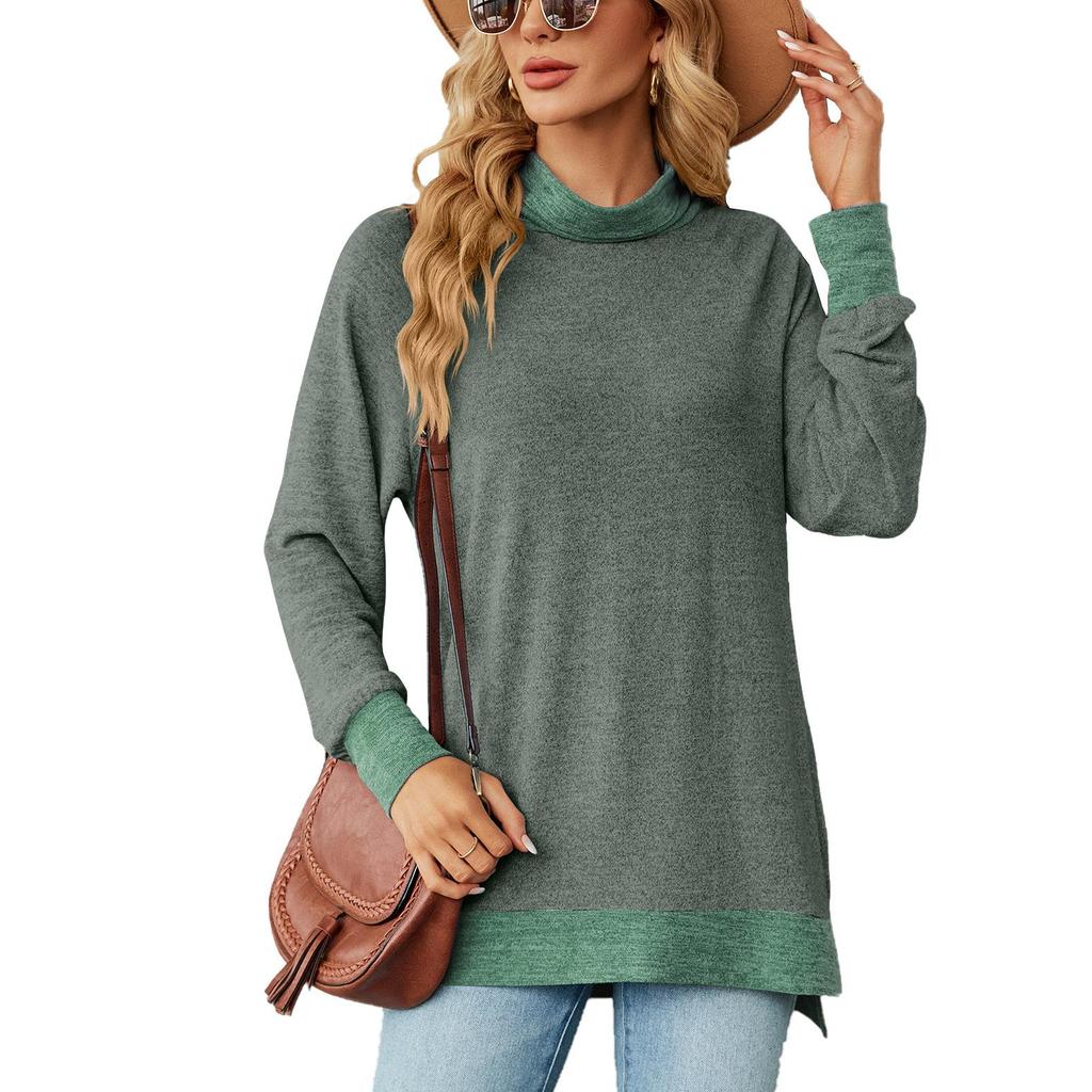 Women's Shirt Color Contrast Long Sleeve on The Shirt with Neck Loose Long Sleeve Slit T-shirt Top for Women Autumn and Winter