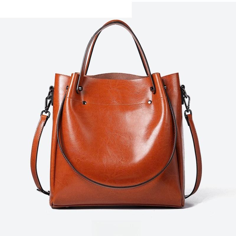 Genuine Leather Women's Bag Wax Leather Large Capacity Bucket Bag New Solid Color Fashionable Shoulder Bag Commuter Crossbody