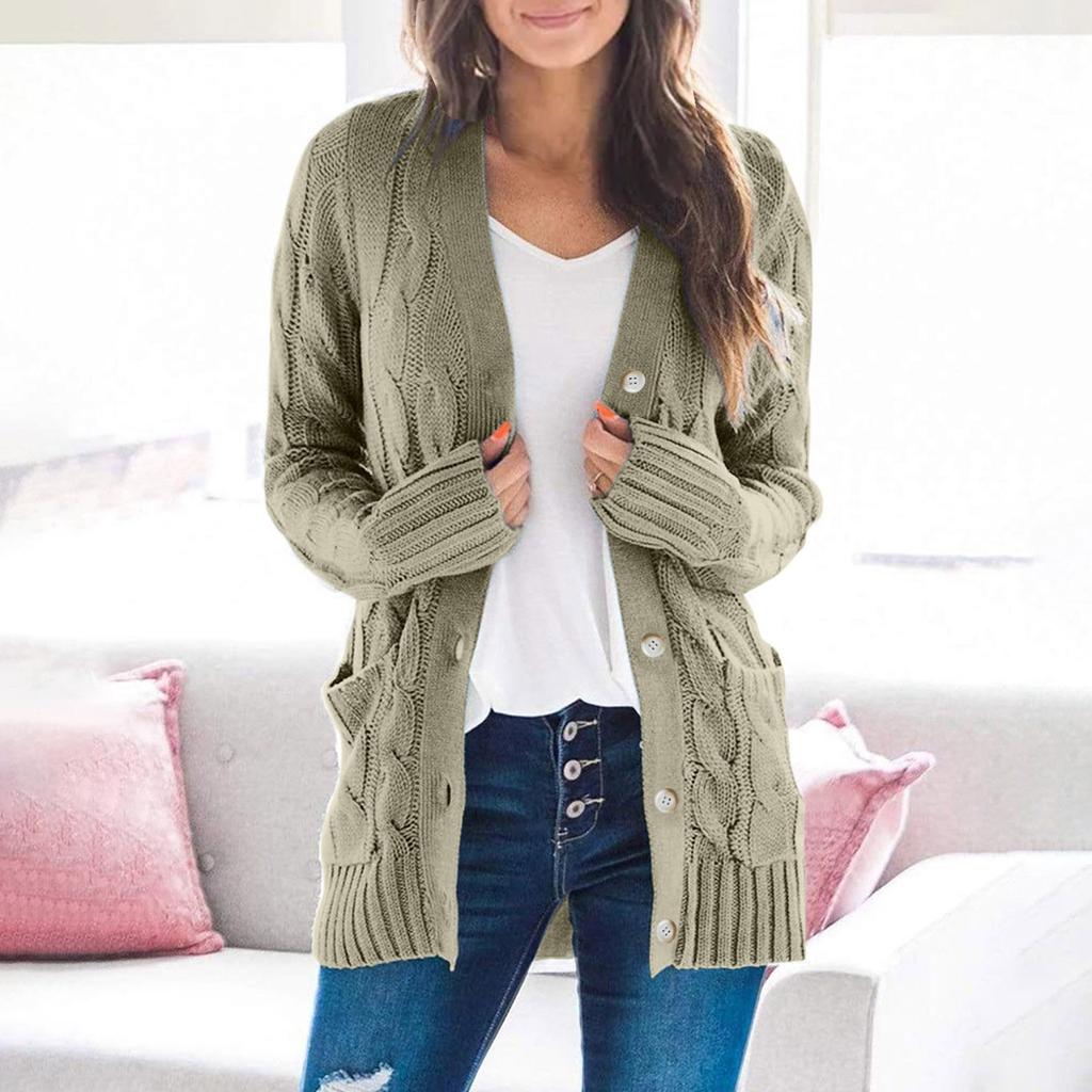 Womens Solid Color Cardigan Long Sleeve Pockets Open Front Knit Sweaters Coat