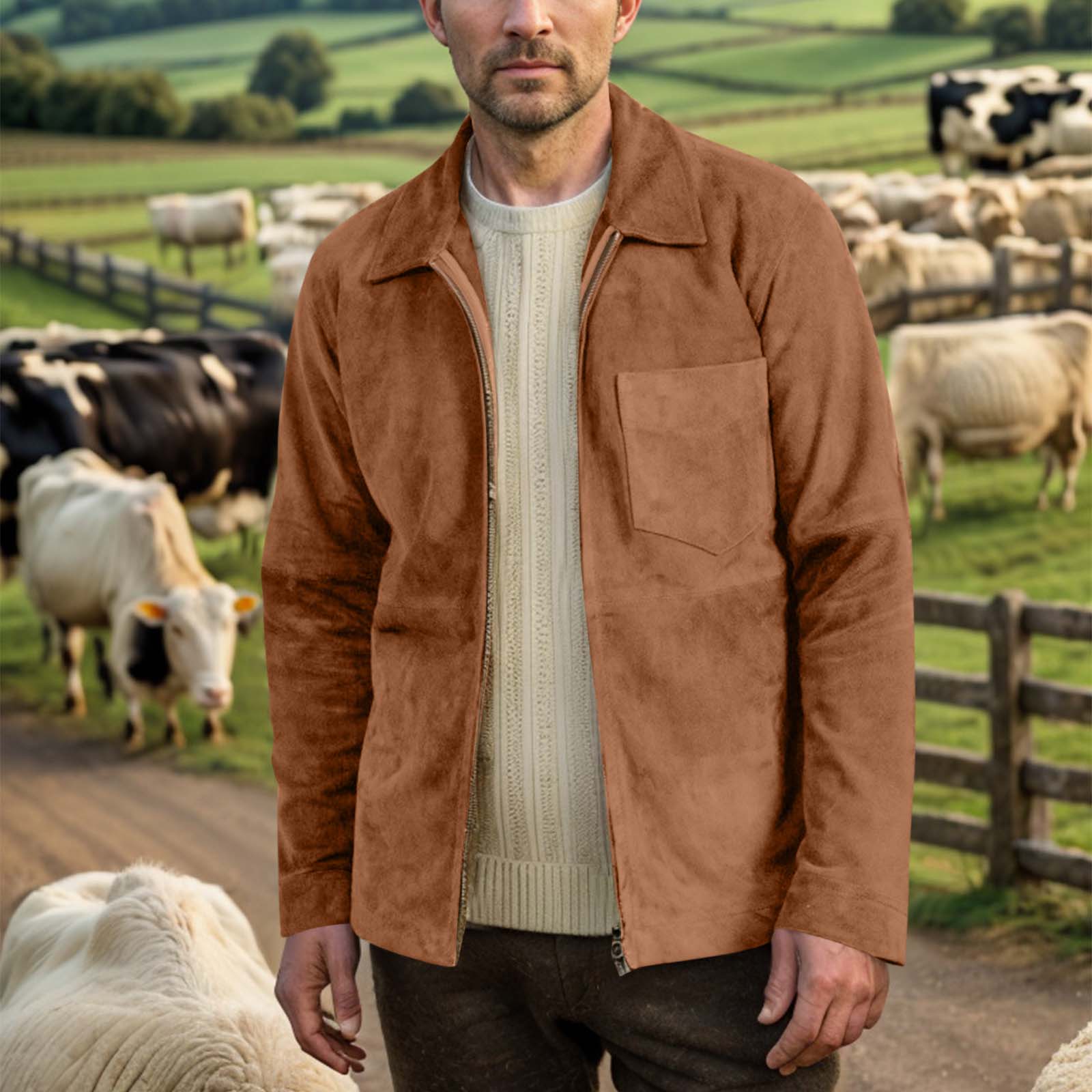 

Мужская однотонная замшевая повседневная приталенная куртка с карманами, лацканами и молнией M коричневый