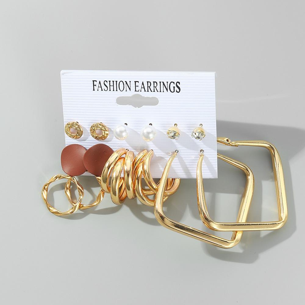 Women's Earrings Set 6 Pairs Assorted Gold Hoop Studs Ear Cuffs Pearl Drop Geometric Statement Party Jewelry