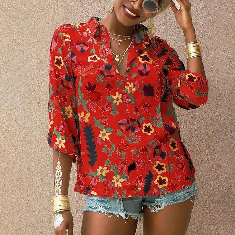 

Trendy New Fashion Floral Chiffon Long Sleeve Blouse Women Top Autumn Button S