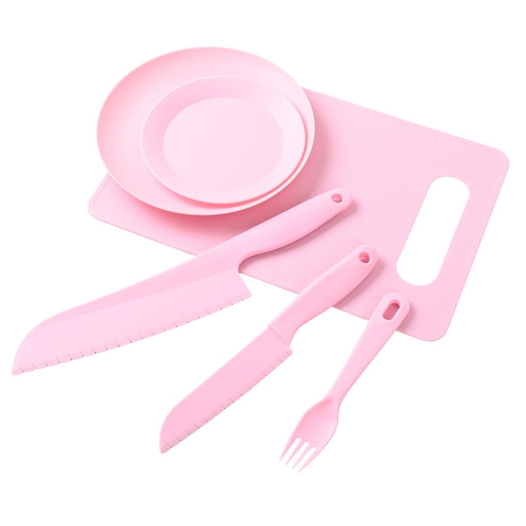 Children Plastic Kitchen Knife and Fruit Knife Educational Set with Cutting Board Plate and Fork for Safe Food Preparation
