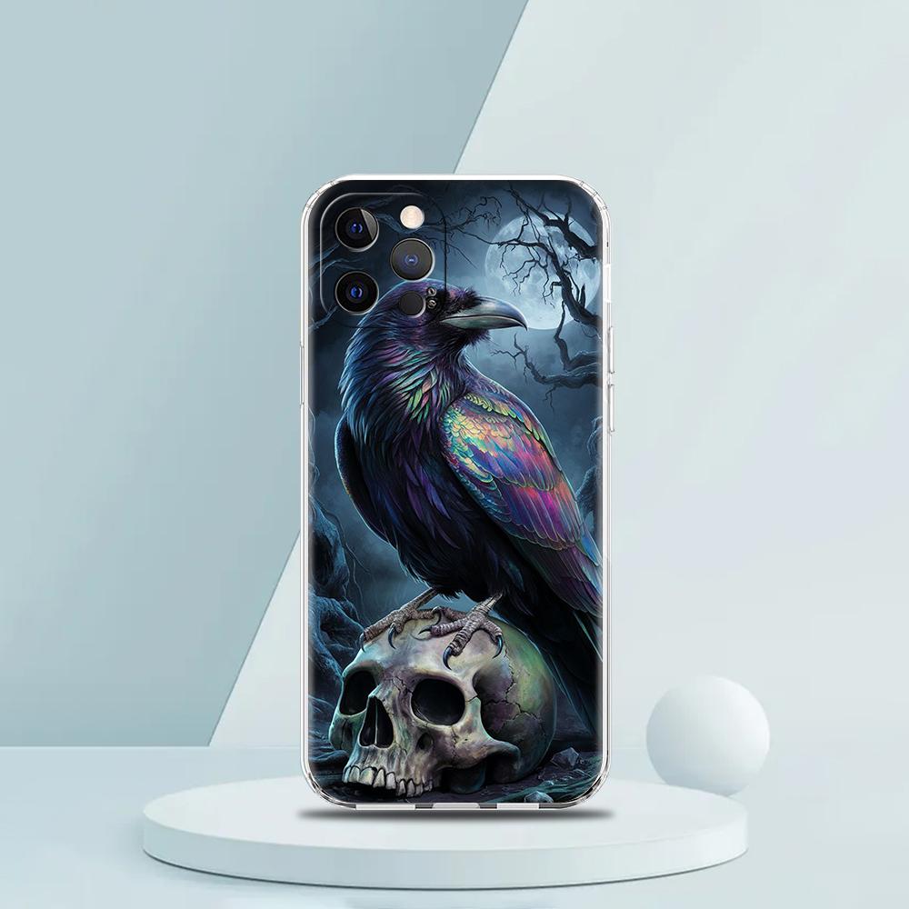 

Soft TPU Transparent Phone Case Cover for iPhone 16 15 14 13 12 11 Pro Max XR 8 7 Plus XR Shockproof Shell Raven Crow Skull Bags iPhone 12
