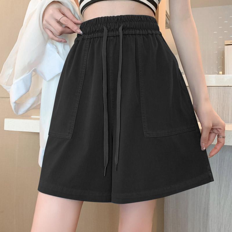 Plus Size Women's Sport Shorts Stretch Elastic Waist Washed Solid Color Lyocell Thin Wide Leg Shorts with Large Pockets