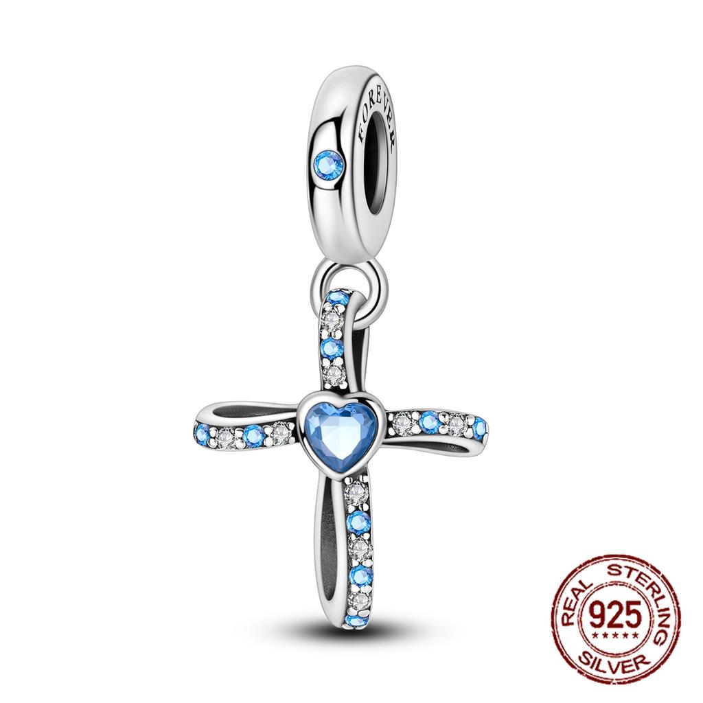 100% Real Copper Blue Series Eyes Peace Cross Charms Bead Fit Original Bracelet Plata Charms For Women