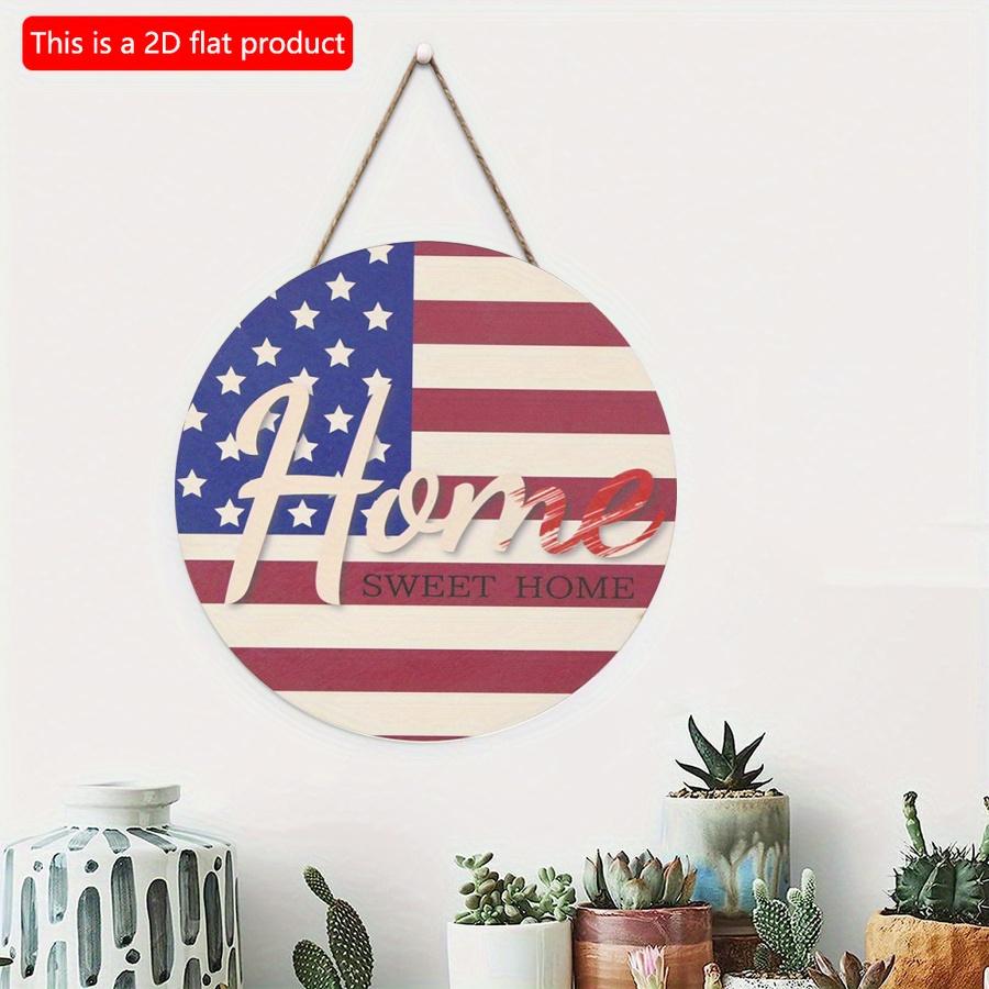2D Flat 20*20cm 1pc Sweet Home USA Flag Theme Independence Day Wooden Door Sign Pendant, Good Quality Layout Home Decoration American Flag Placard