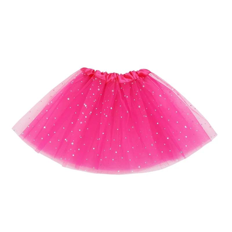 Kids Glitter Dance Skirts Girls Tulle Star Short Tutu Skirt Cheering Sequin 3 Layers Tulle Toddler Pettiskirt Child Chiffon 2-8