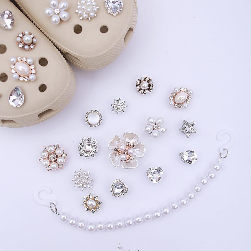 Σετ 15 τεμ. Πολυτελή μεταλλικά Στολίδια Παπουτσιών Αξεσουάρ Τρύπα Αγκράφα Παπουτσιού Προηγμένο Διαμάντι Μαργαριταρένια Αλυσίδα Στυλ Μπαλέτου DIY 3D Διακοσμήσεις Παπουτσιών