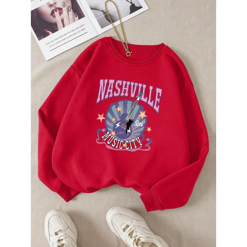 Street Damen Pullover Nashville Music Cith Poster Druck Hoodie Rundhals Locker Weiches Sweatshirt Herbst Damenkleidung