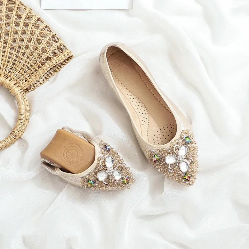 Chaussures Élégantes pour Femmes 2026 Printemps Chaussures Plates Femme Douces Confortables Soie Strass Été Mesdames Chaussures Simples Zapatos De Mujer