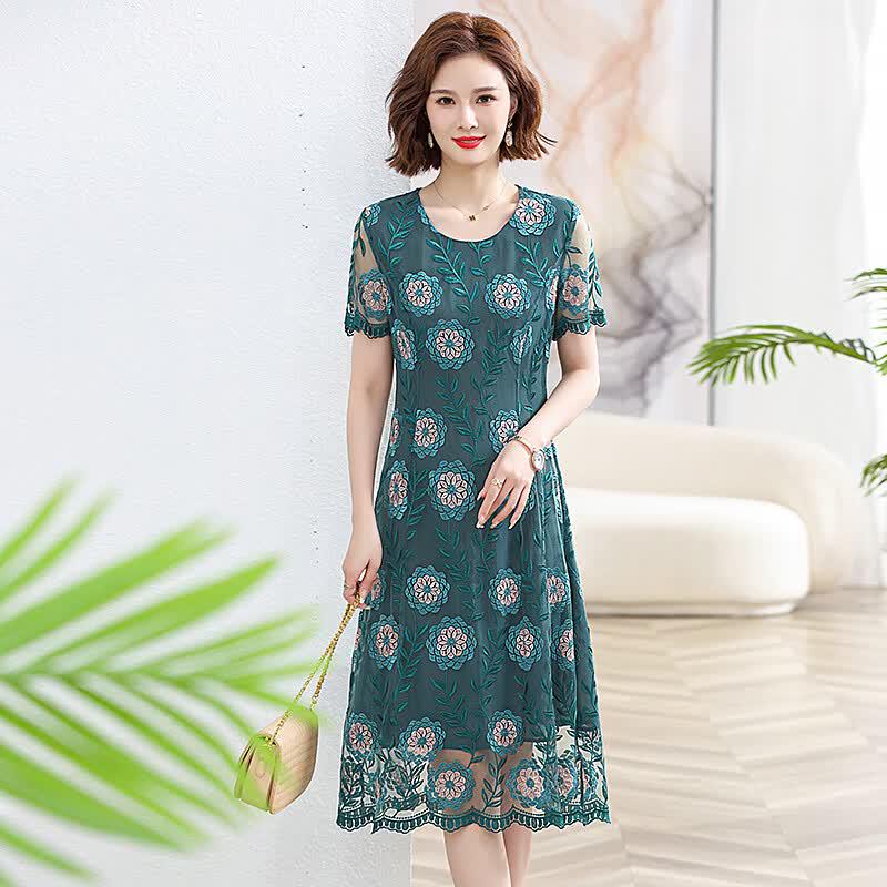 Yalu 2026 Summer Lace Embroidered Elegant Short Sleeve Dress 2XL