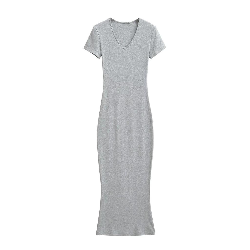 Chic V-neck Slim Fit Short-Sleeve Dress: European & American Style Summer Midi