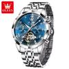 OLEVS 6620 Man Automatic Mechanical Watch Stainless Steel Band Waterproof Luminous Double Calendar Moon Phase Wristwatch for Men