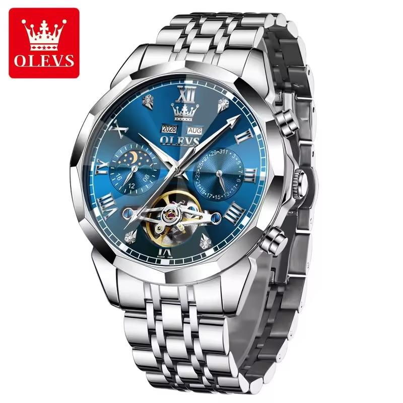 OLEVS 6620 Man Automatic Mechanical Watch Stainless Steel Band Waterproof Luminous Double Calendar Moon Phase Wristwatch for Men
