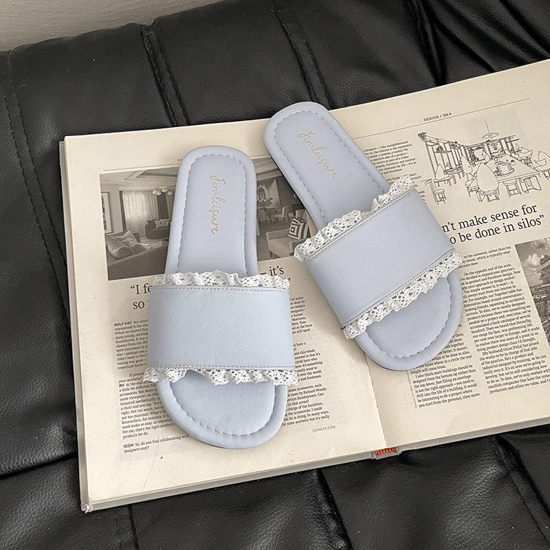 French Beautiful Lace Edge Slippers Women's 2025 Summer New Wear Beach Sandals Non-slip Home Slippers