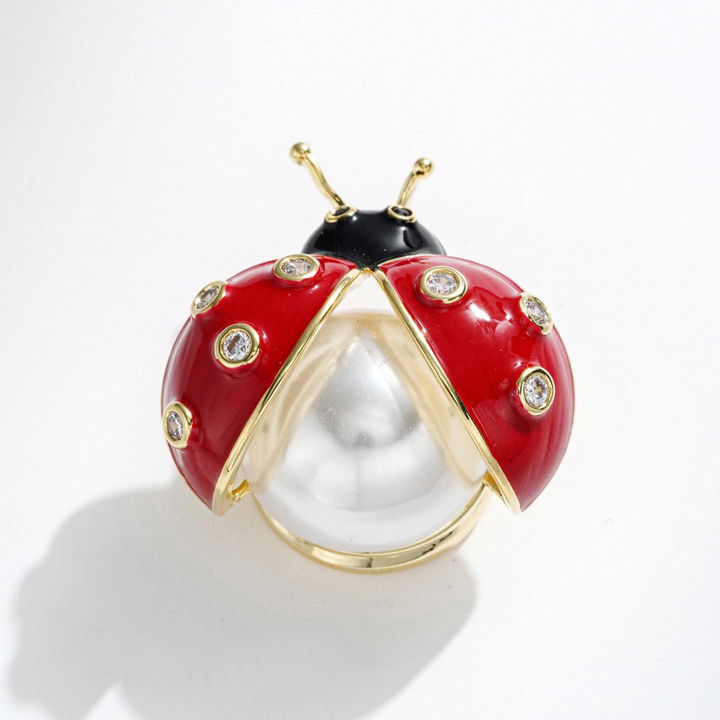 Bo Xin Yun Cute Ladybug Pearl  Enamel Brooch with Zirconia Accents