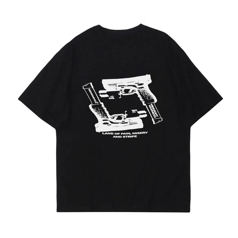 Men Punk Rock Gun Harajuku Aesthetics Graphic Print Cotton T-shirt Goth Streetwear Short Sleeve Tee Loose Retro Hip Hop Tops