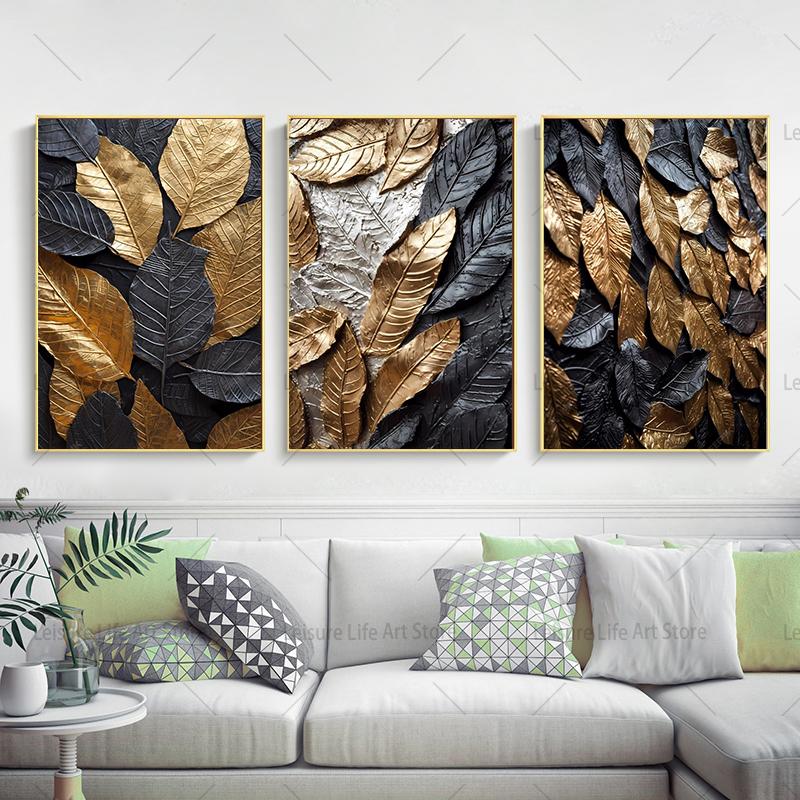Modern Golden and Black Leaf Canvas Painting Wall Art Gold Leaves Wall Decor Prints Textured Paintings for Living Room No Frame